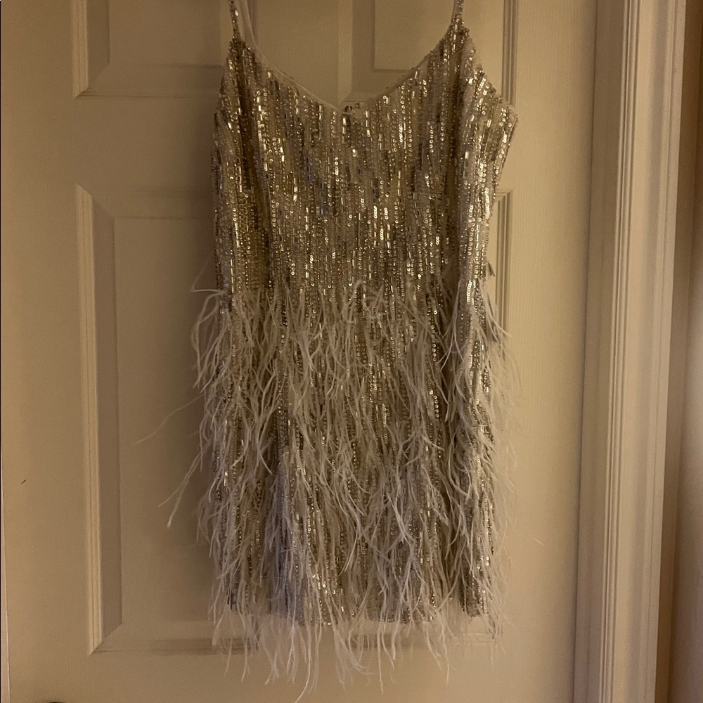 White & silver Sequin and Feather Dress - Picture 7 of 11